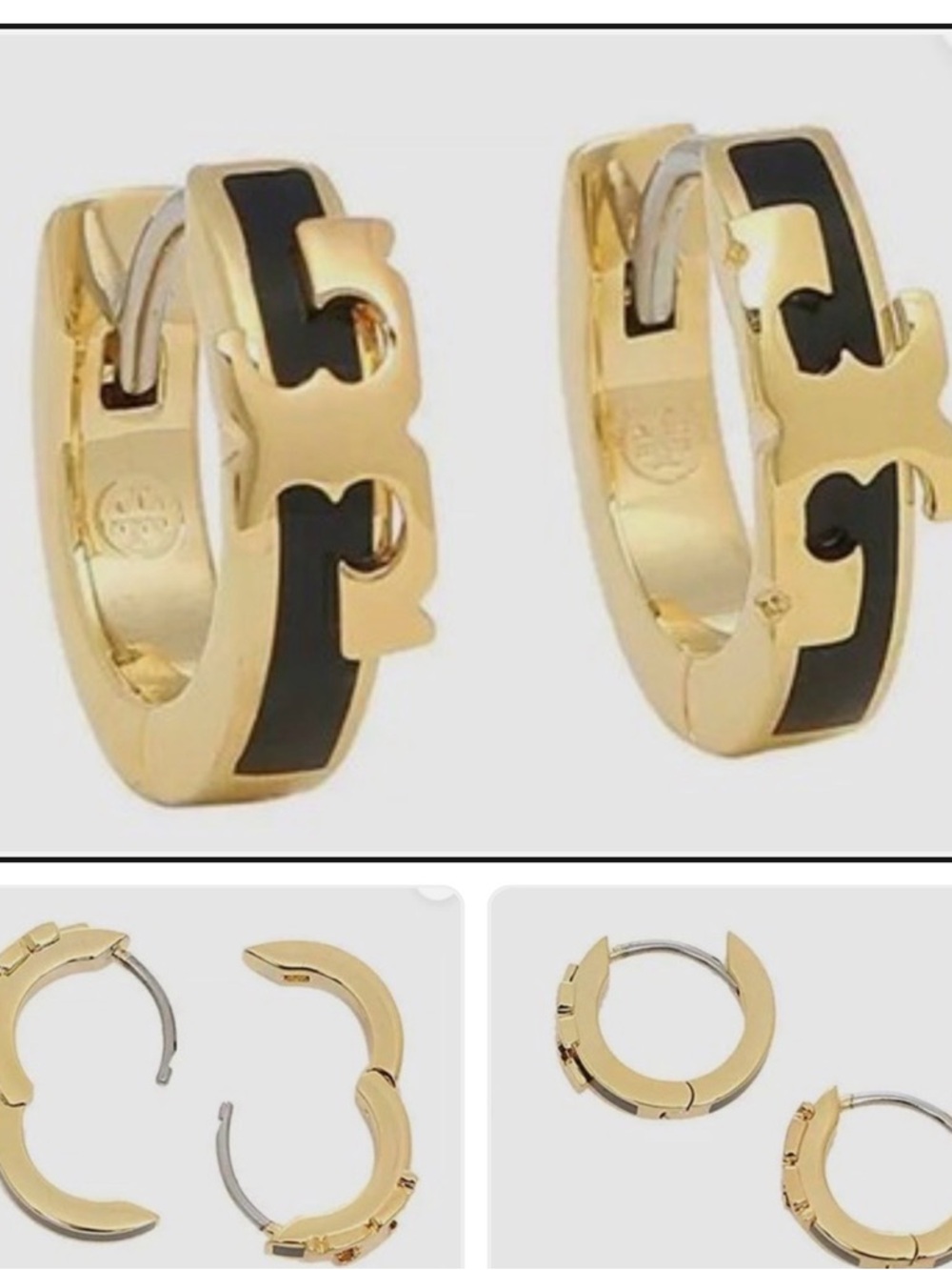 NWOT Auth Tory Burch BLACK & GOLD Serif-T Logo HUGGIES Hoop Earrings
